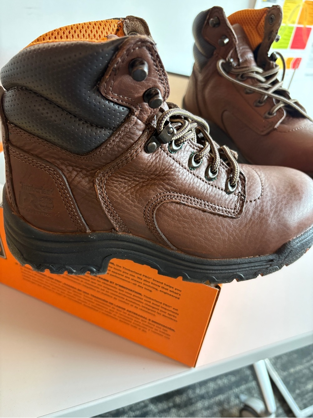 New in box Timberland PRO Brown Leather Work Boots with Black Collar